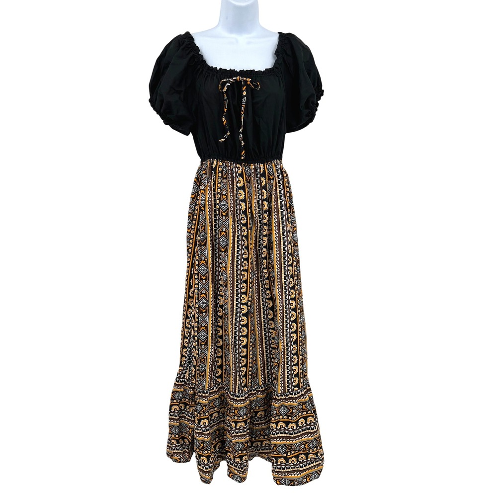 Vintage 70s Peasant Dress Aztec Tribal Ankara Hawaiian Fabric 100% Cotton Maxi